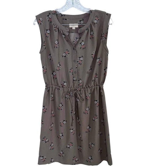 LOFT Button Front Elastic Waist Short Sleeve Dress Gray & Pink SZ LARGE PreLoved - Picture 1 of 7